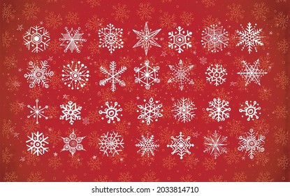 Collection of doodle snowflakes on red background