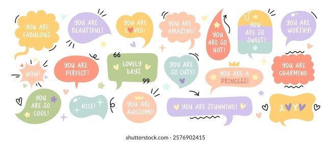 Collection of doodle speech bubbles with love quotes and compliments. Vector for romantic Valentines day projects. Isolated on white background.