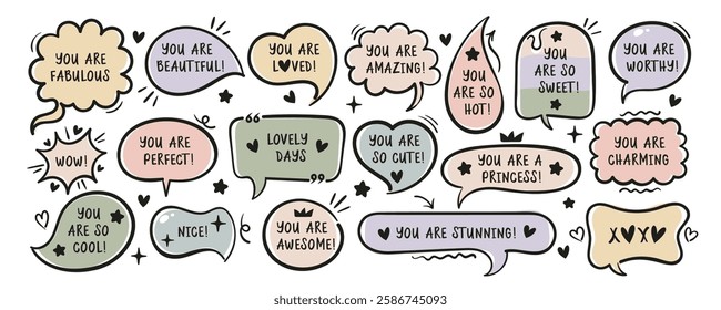 Collection of doodle speech bubbles with love quotes and compliments with black strokes. Vector for romantic Valentines day projects. Isolated on white background.