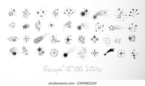 Collection of doodle star clasters and constellations on white background. Vector sketch illustration