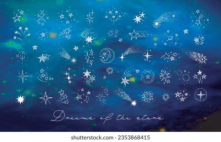 Collection of doodle star clasters and constellations on blurred night sky background. Vector sketch illustration