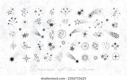 Collection of doodle star clasters and constellations on old paper background. Vector sketch illustration
