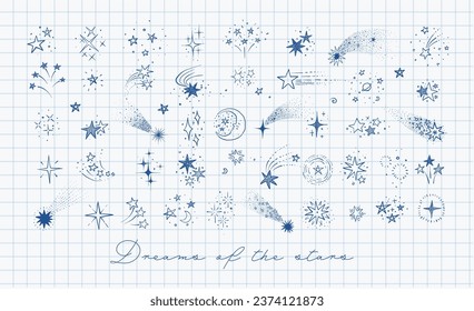 Collection of doodle star clasters and constellations on lined paper background. Vector sketch illustration