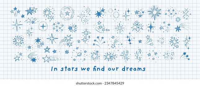 Collection of doodle stars and constellations on lined paper background. Vector sketch illustration.