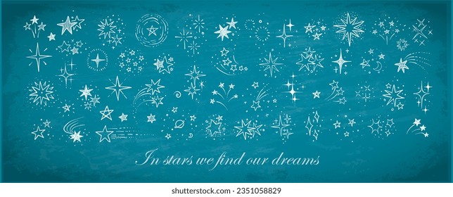 Collection of doodle stars drawn with chalk on blackboard background. Vector sketch illustration.