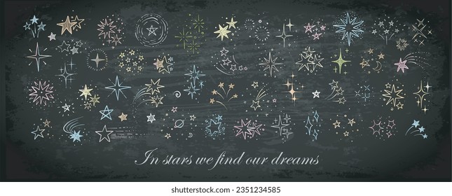 Collection of doodle stars drawn with chalk on blackboard background. Vector sketch illustration