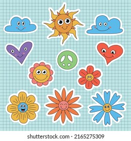collection of doodle stikers with face 1970s style
