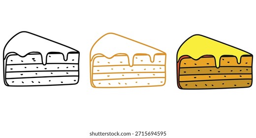 Eine Sammlung von Kuchenscheiben im Doodle-Stil, die verschiedene Farbstufen und Umrisse veranschaulichen