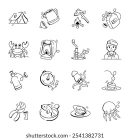 Collection of Doodle Style Marine Icons 


