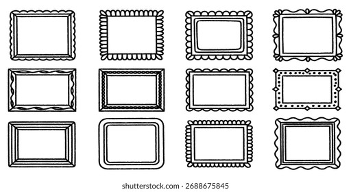 Collection of doodle style picture frames in black and white vector