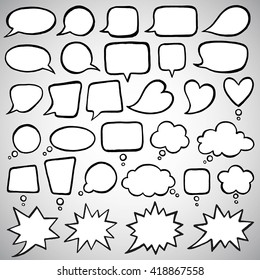 Collection of doodle style speech bubbles. Talking, speaking, chatting, screaming, laughing, exclaiming, thinking, dreaming, meditating bubbles. Ink drawn shapes with uneven edges. 