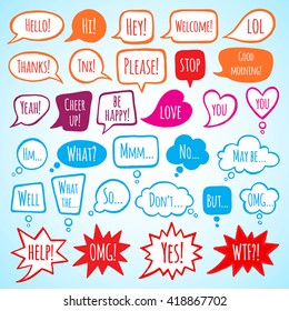 Collection of doodle style speech bubbles with lettering. Thank you, help, welcome, yes, no, stop words. Talking, speaking, screaming, thinking, dreaming bubbles. Colorful shapes with uneven edges. 