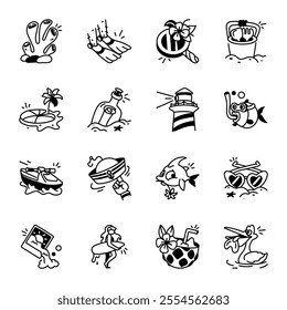 Collection of Doodle Style Summer Holidays Icons 

