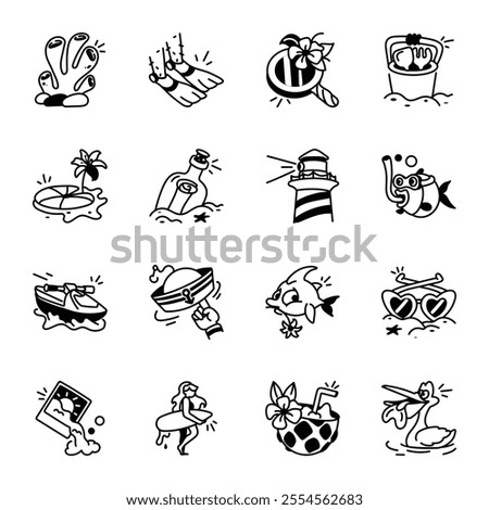 Collection of Doodle Style Summer Holidays Icons 


