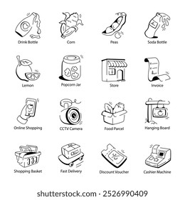 Collection of Doodle Style Supermarket Icons 


