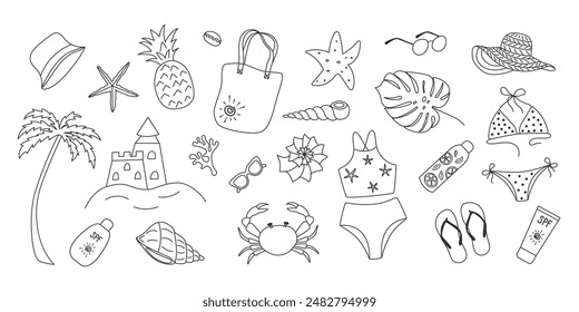 Colección de doodle Elementos de playa de verano. Conjunto de accesorios de vacaciones dibujado. Dibujo en blanco y negro. Bikini, concha, palmab piña divertido dibujo lindo