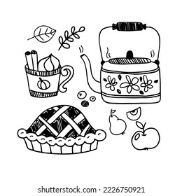 Collection of Doodle tea time elements. Hand drawn vector tea icon set. Teapots, cups, pie, apple. Cozy and warm
