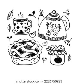 Collection of Doodle tea time elements. Hand drawn vector tea icon set. Teapots, cups, pie and jam. Cozy and warm