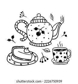 Collection of Doodle tea time elements. Hand drawn vector tea icon set. Teapots, cups, cake and sweets. Cozy tea party