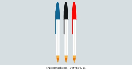 Collection Of Doodle Transparent Plastic Ballpoint Pen, Writing School And Office Tools Vector Illustration.	