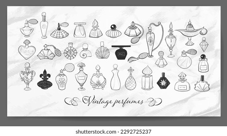 Collection of doodle vintage perfume bottles on old  paper background. Vector sketch illustration.