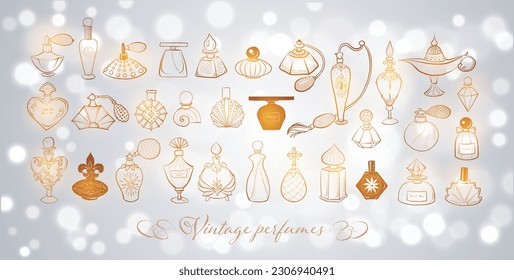 Collection of doodle vintage perfume bottles on white glowing background. Vector sketch illustration.
