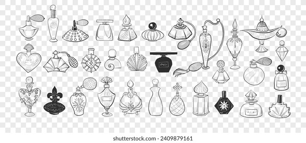 Collection of doodle vintage perfume bottles. Vector sketch illustration.