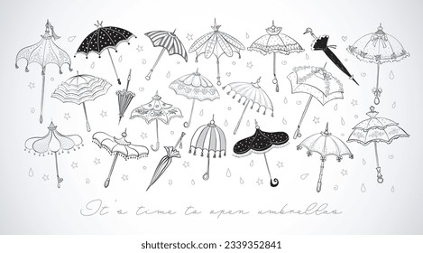 Collection of doodle vintage umbrellas on white background. Vector sketch illustration. Cute doodle coloring page