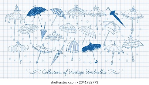 Collection of doodle vintage umbrellas on lined paper background. Vector blue pen sketch illustration