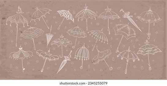 Collection of doodle vintage umbrellas on brown parcel paper background. Vector sketch illustration