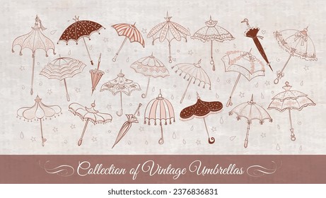 Collection of doodle vintage umbrellas on vintage paper background. Vector sketch illustration