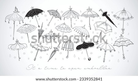 Collection of doodle vintage umbrellas on white background. Vector sketch illustration. Cute doodle coloring page