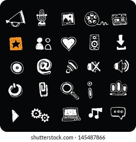 Collection of doodle white web and multimedia icons isolated on black background