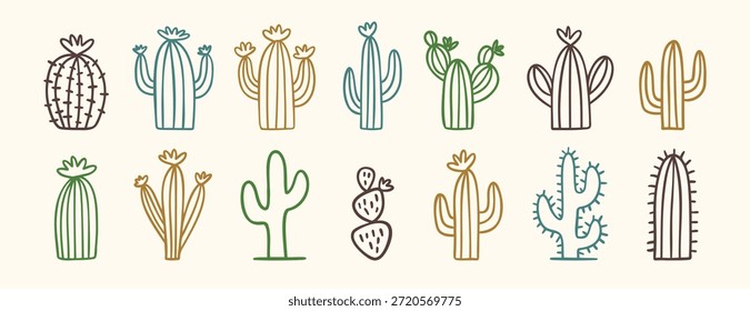 Coleção de ícones de cactos oeste selvagens doodle em estilo deserto mínimo, cactos desenhados à mão. Ilustração vetorial