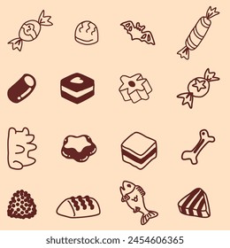 Collection of doodled candies on beige background