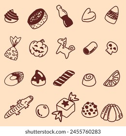 Collection of doodled candies on beige background