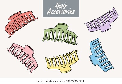 Collection of doodled hair clips with colorful backgrounds. Bundle of vector hair accessories.