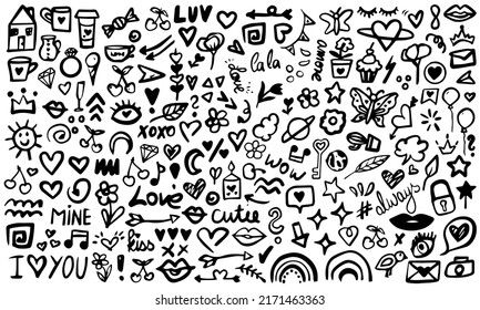 Collection of doodled icons. Bundle of different hand drawn design elements.