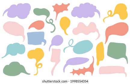 Collection of doodled pastel speech bubbles. Bundle of vector balloons.