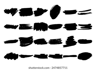 Collection of doodles black brush strokes, lines, dots, and circles on isolated white background. Textured and organic with a versatile abstract composition for creative projects