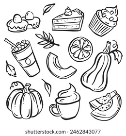 A collection of doodles in black and white featuring various desserts such as pumpkins, cupcakes, and other sweet treats. The drawings are detailed and intricate, showcasing the various shapes 