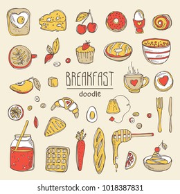 Collection of doodles breakfast icons. Vector hand drawn illustration.