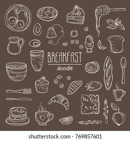 Collection of doodles breakfast icons. Vector hand drawn illustration.