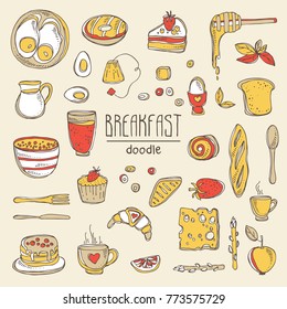 Collection of doodles breakfast icons. Vector hand drawn illustration.