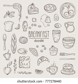Collection of doodles breakfast icons. Vector hand drawn illustration.
