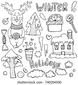 Collection of doodles cute winter elements. Hand drawn Christmas and New Year vector items. Design for prints, holidays  and greeting cards.