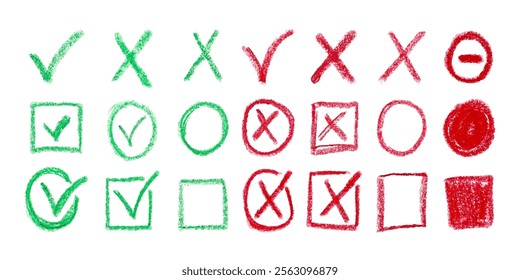 Collection of Doodles of Green Ticks, Red Crosses and Circles Chalk, Charcoal Pencil. Hand drawn checklist, flag, square signs in sketch style. Correct, incorrect symbols. Vector Kids Strokes.