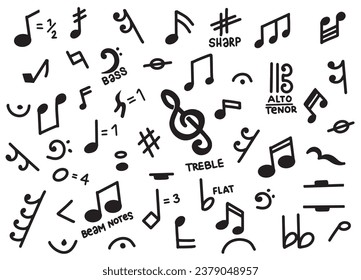 Collection of doodles with hand drawn musical notes