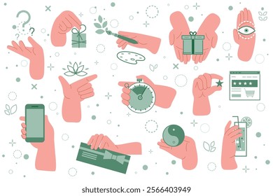 A collection of doodles of hand illustrations with a lotus, yin and yang symbol, briefcase, gift, ice cream, smartphone, postcard, brush, questions, stopwatch, cocktail, app, stopwatch