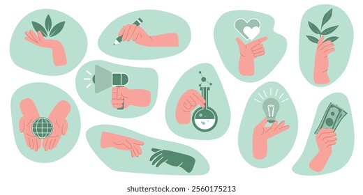 A collection of doodles of hand illustrations with various objects and attributes. Hand drawn, not AI